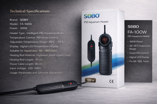 بخاری هوشمند آکواریوم SOBO FA-100W | هیتر ۱۰۰ وات مناسب آکواریوم ۵۰ تا ۱۰۰ لیتر